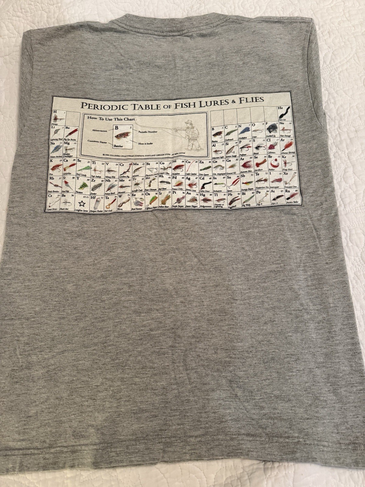 Columbia Men&rsquo;s Gray Fish Lures & Flies Graphic Logo Crewneck T-Shirt Size M