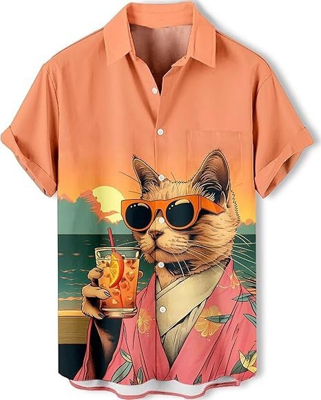 Cool Cat Hawaiian Shirt Men Orange Sunglasses Kitten Beach Button Up Summer Tee