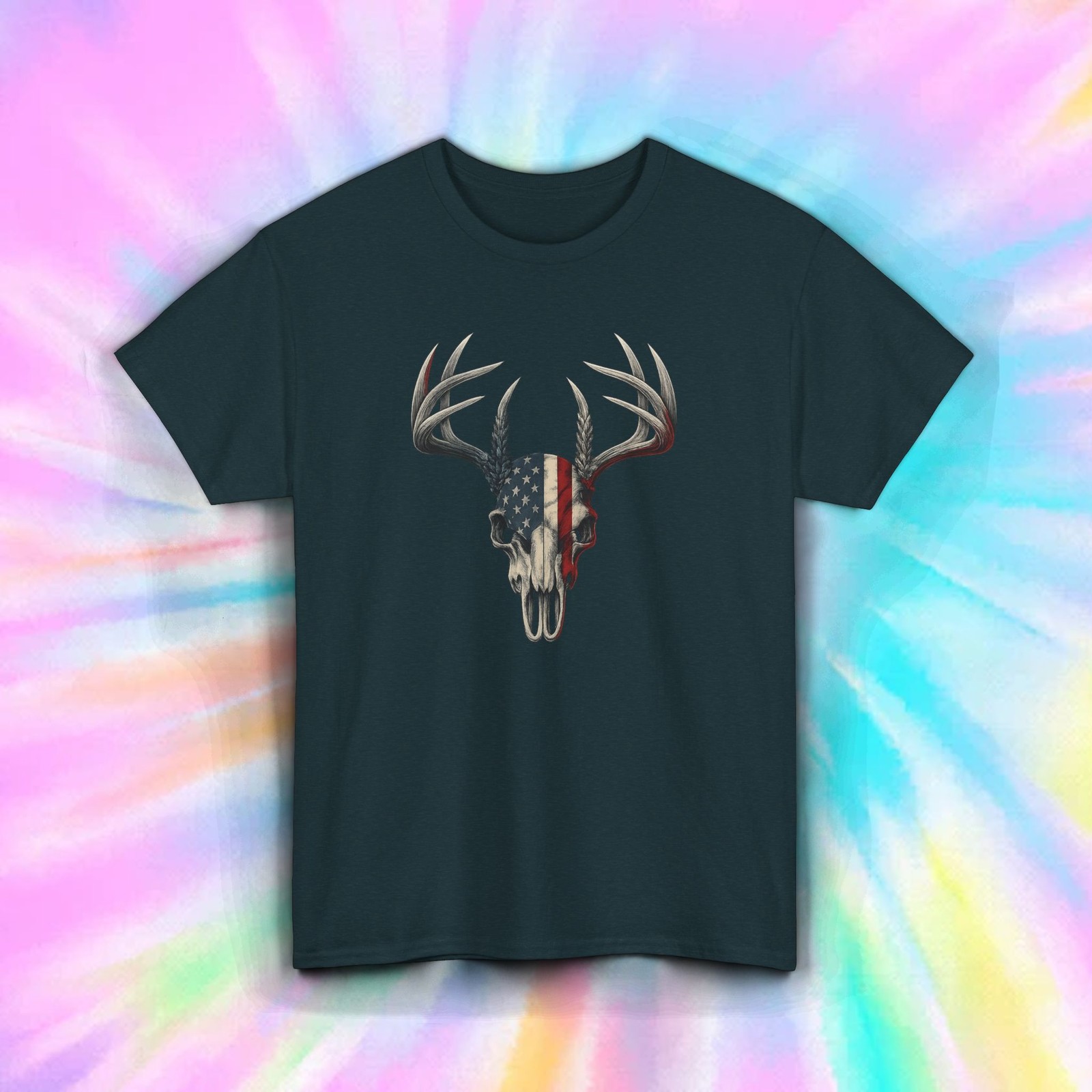 American Flag Deer Skull Shirt Patriotic Hunting Buck Antlers USA Tee S-5XL