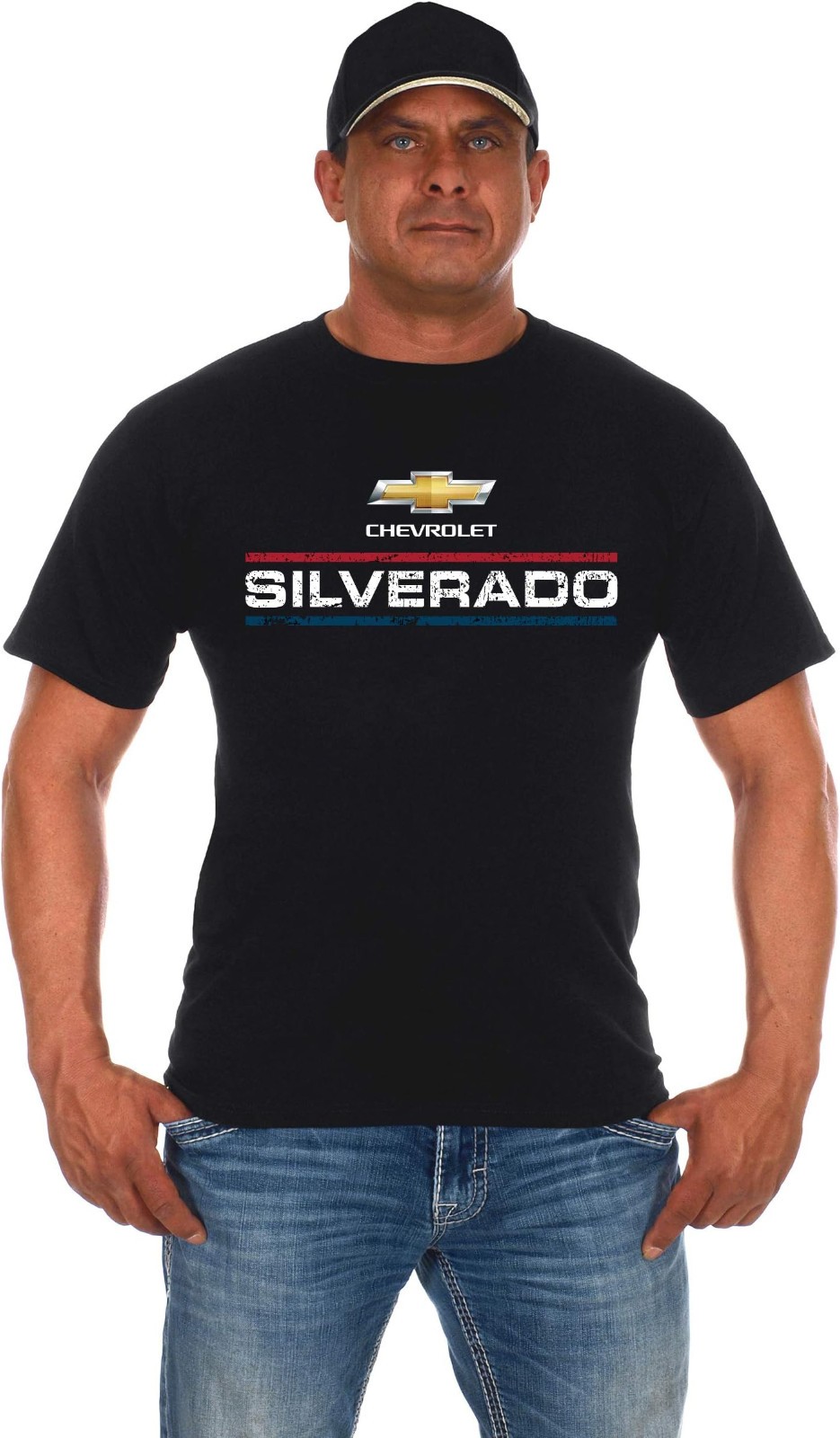 JH Design Men&rsquo;s Chevy Silverado Distressed Red White & Blue Logo T-Shirt