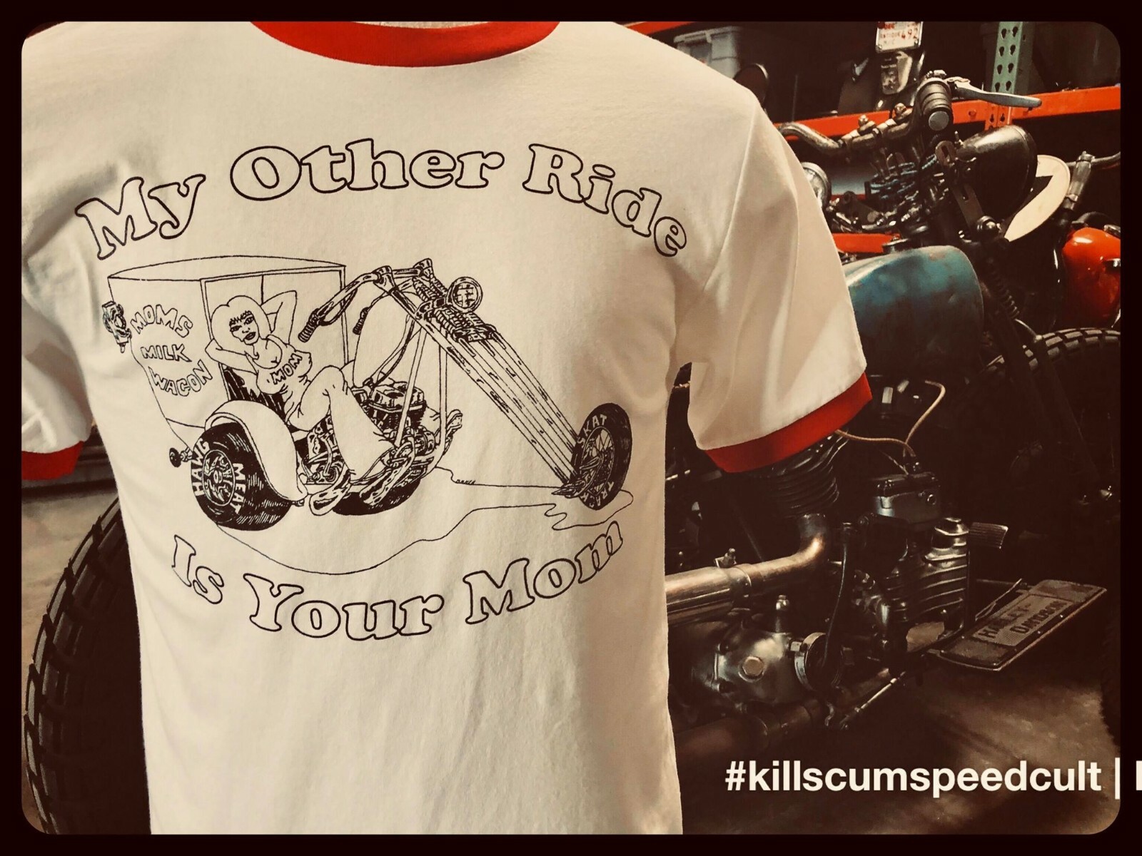 My Other Ride Is Your Mom black & red 50 50 poly cotton blend biker 70&rsquo;s tee vtg