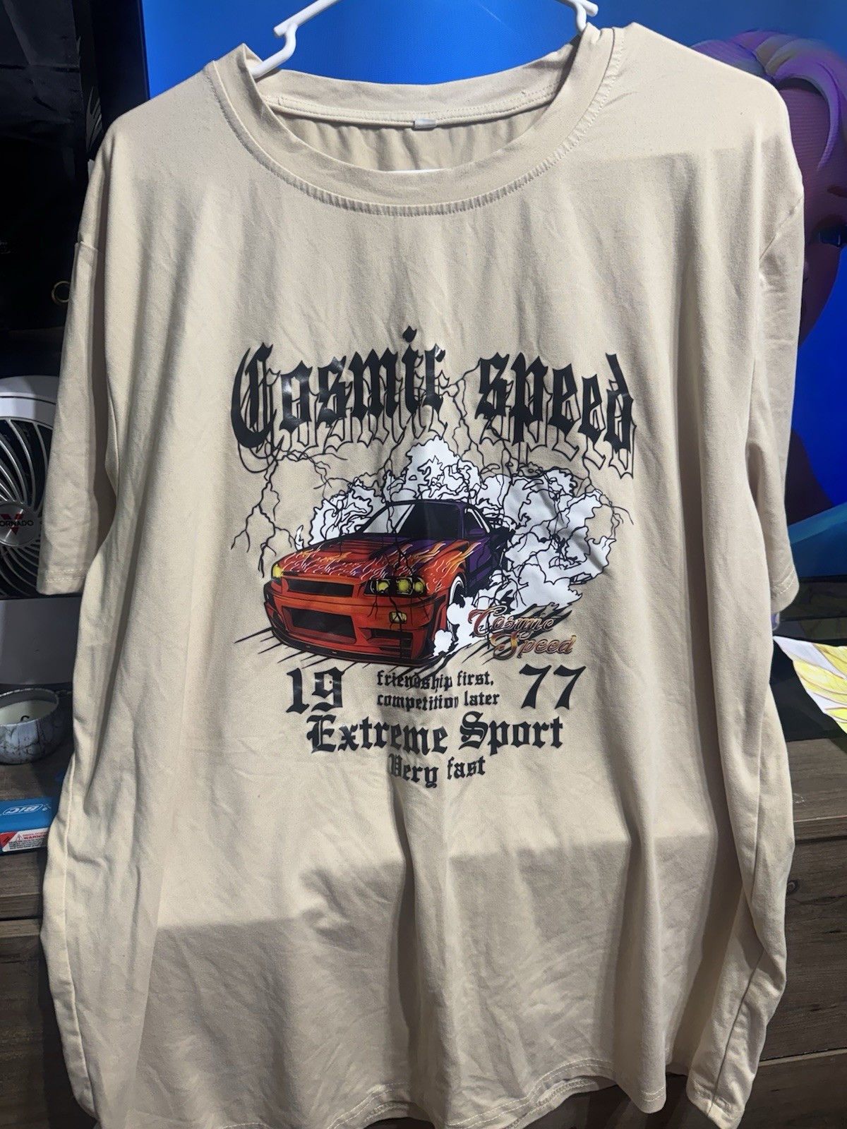 Men&rsquo;s Beige Cars Graphic Print Crew Neck Short Sleeve Regular Fit T-Shirt XL