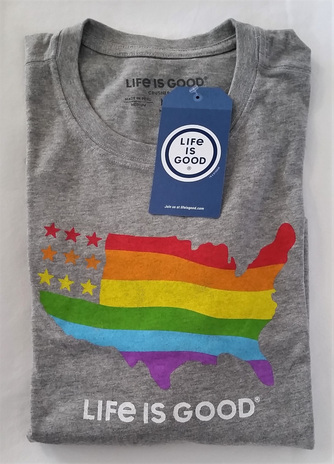 Life Is Good SS Shirt Crusher Tee RAINBOW MAP USA Grey Chest47in Mens L