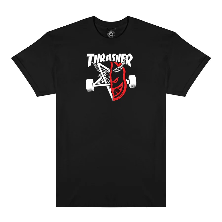 Thrasher Magazine X Spitfire THRASH AND BURN Skateboard T Shirt BLACK