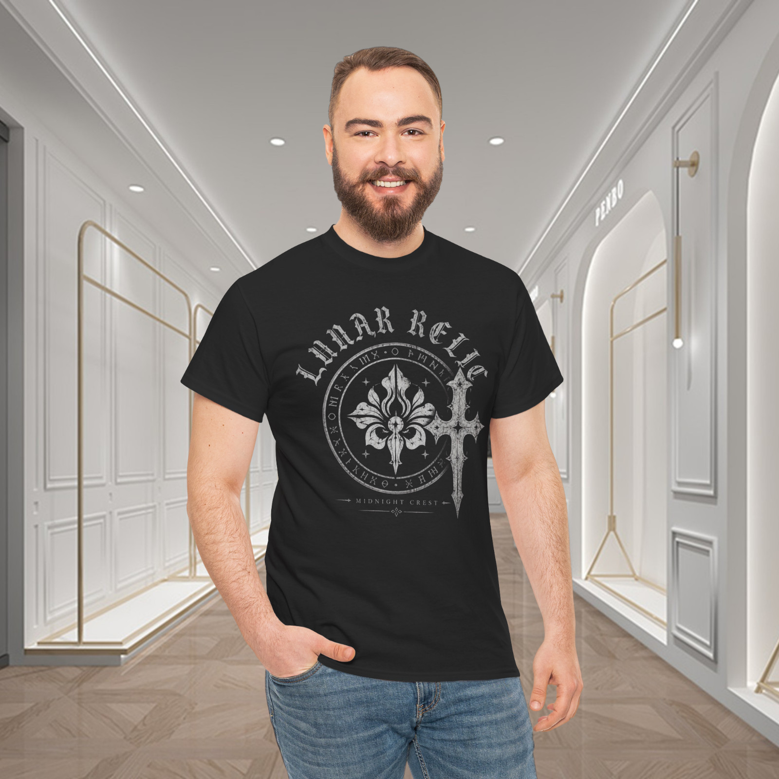 Lunar Relic Gothic Crest Cross Graphic T-Shirt