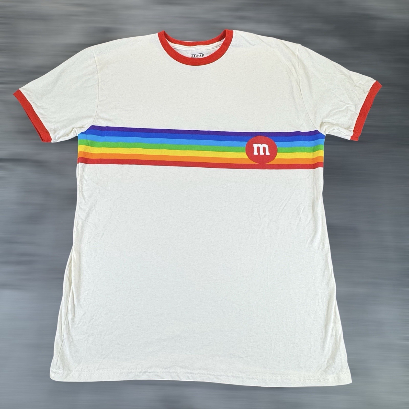 M&Ms Sz L Mars Candy Ringer T-shirt Pride Month Rainbow Retro Style Colorful