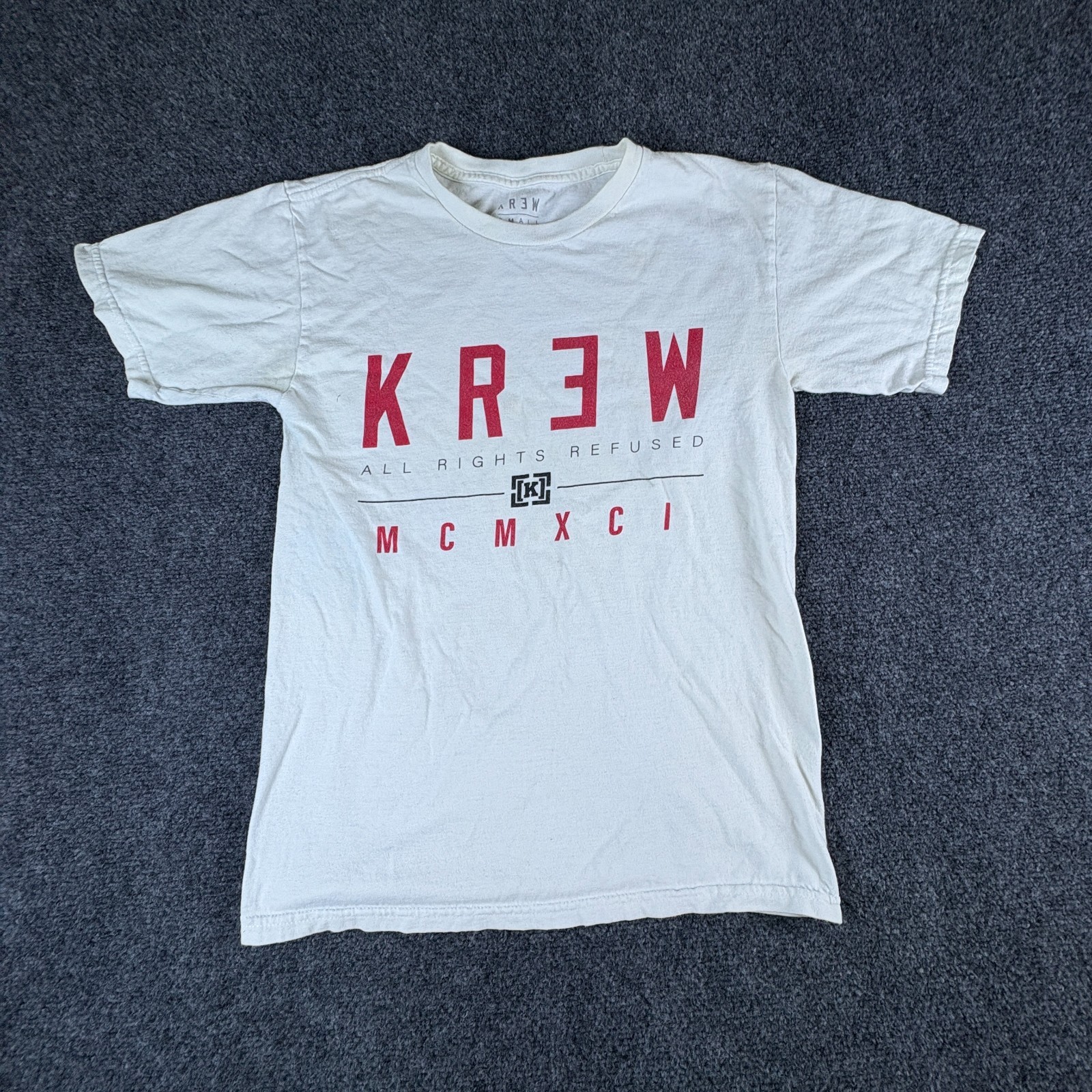 Krew T-Shirt Mens Small White Cotton All Rights Refused MCMXCI Graphic Crew Neck