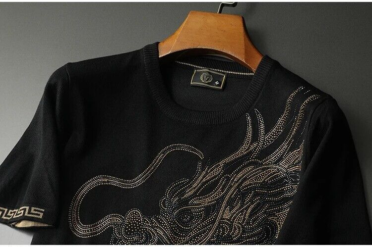 New Men Luxury Diamond Dragon Rhinestones Fashion Knitted T-Shirt