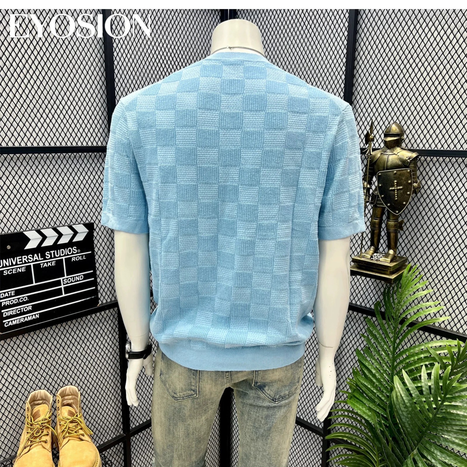 Men Knit Sweater Crewneck T-Shirt Plaid Checkered Casual Short Sleeve Tee Top