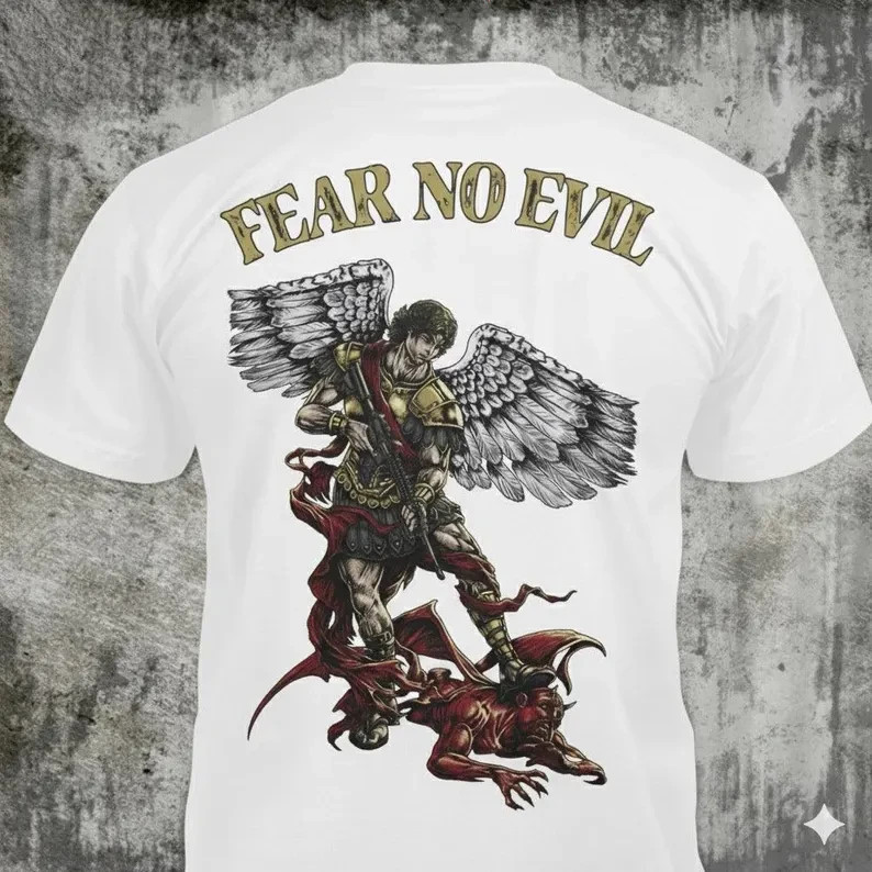 Fear No Evil – Distressed St Michael Archangel Gun T-Shirt: Christian Religious