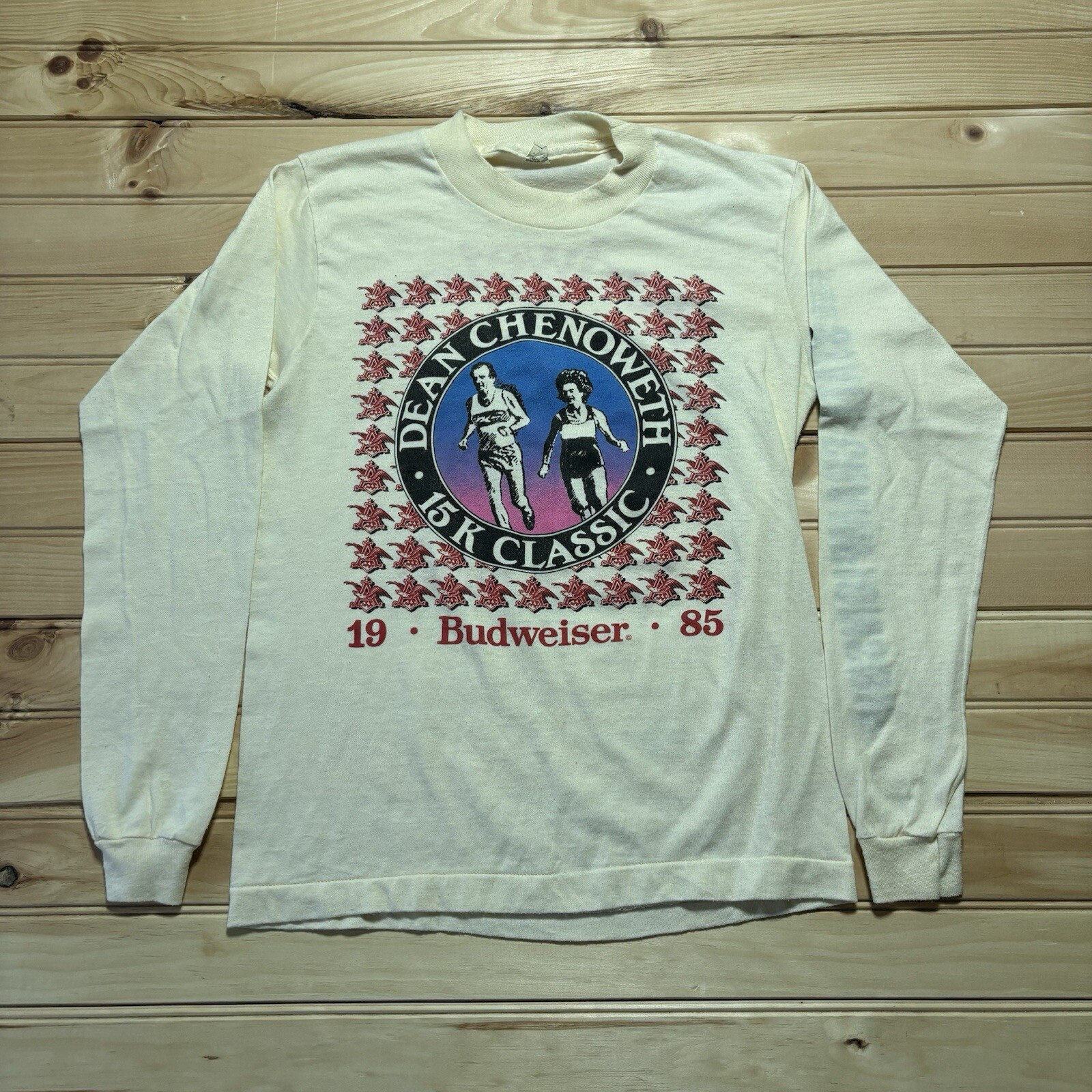 Vintage 80s Budweiser Dean Chenoweth 15k Run Long Sleeve Shirt Size M 1985