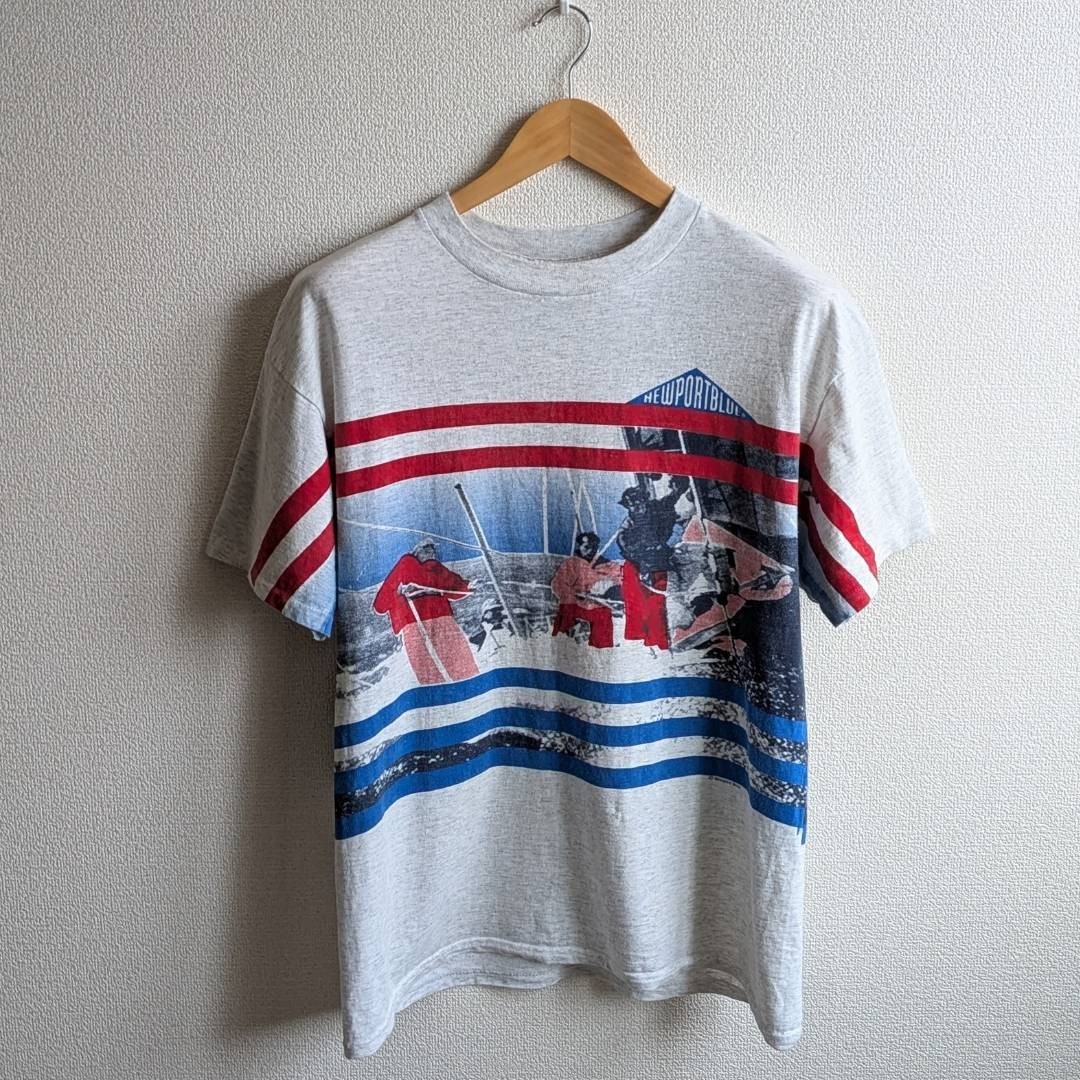 Vtg 90s Newport Blue Sailing Art T Shirt L Made in USA Single Stitch Sleeve Boxy