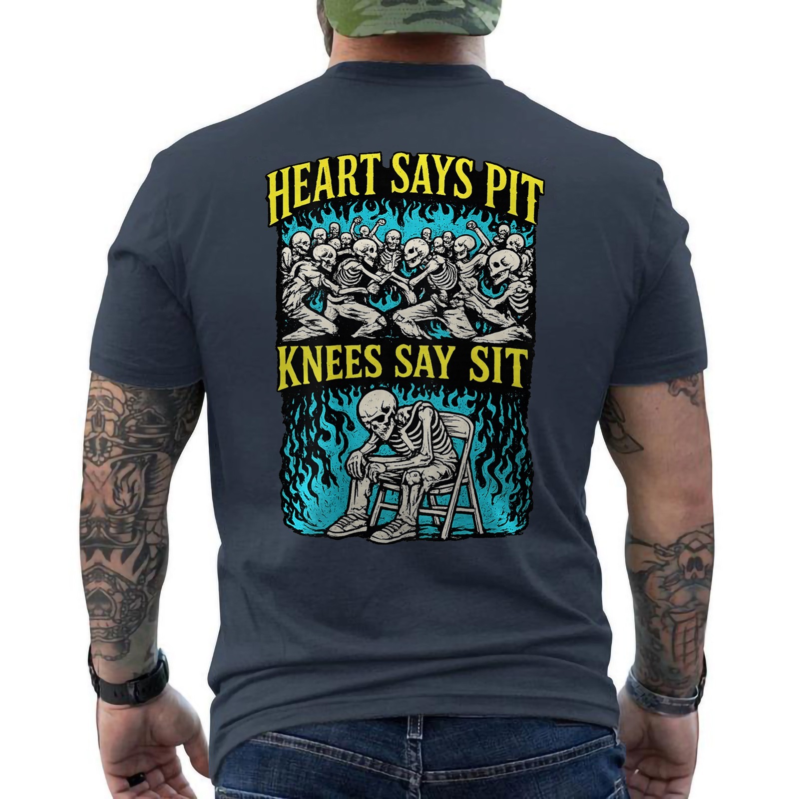Heart Says Pit Knees Say Sit Funny Skeleton Gym And Concert ON BACK T-Shirt