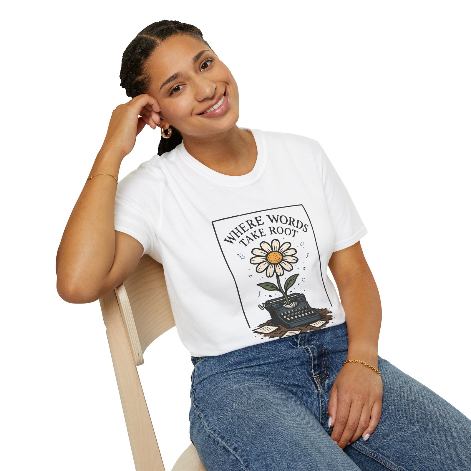 Unisex Softstyle T-Shirt Vintage Typewriter Daisy Letters Bloom Poetry