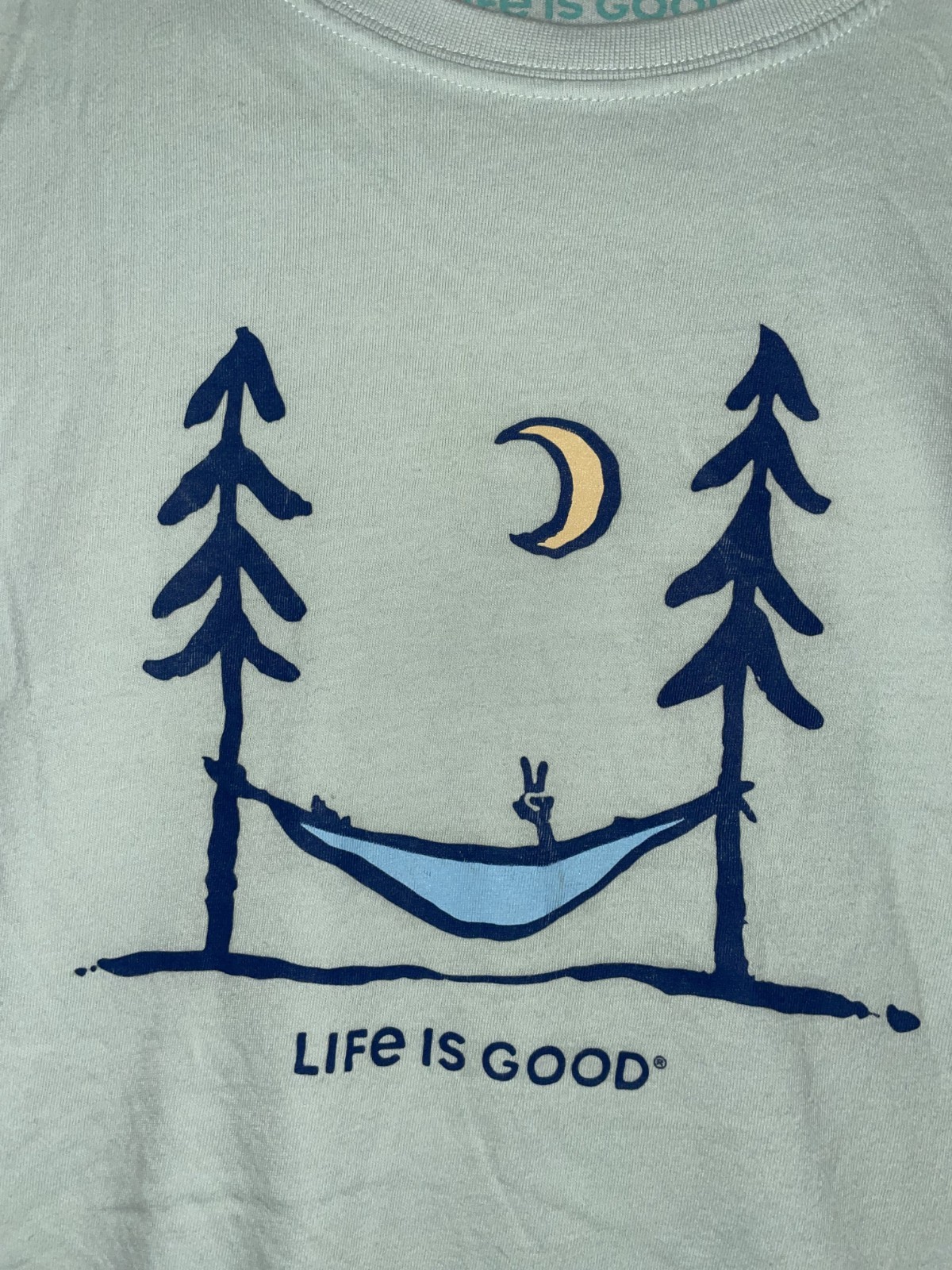 Life Is Good Crewneck T-Shirt Men&rsquo;s Sz M Hammock Peace out Outdoor Camping Green