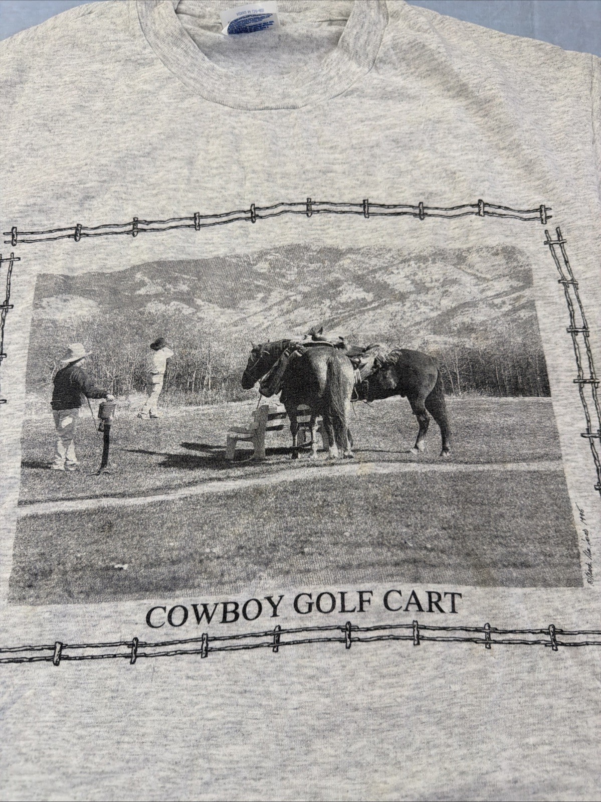 Hanes Heavyweight Single Stitch VTG Gray T Shirt Medium Cowboy Golf Cart Western