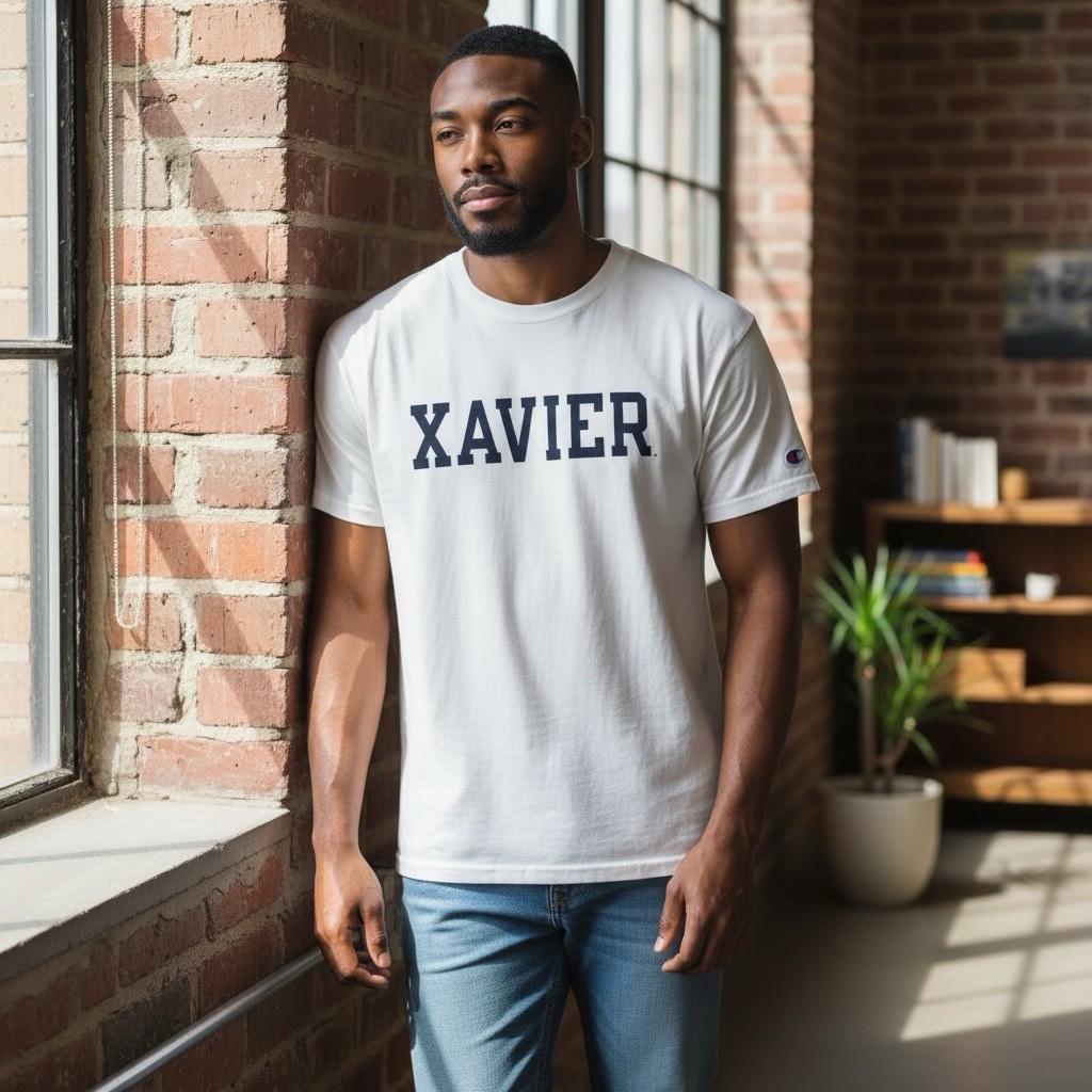 Vintage Champion “Xavier” University Spell-Out Tee – White – Size XL – Classic
