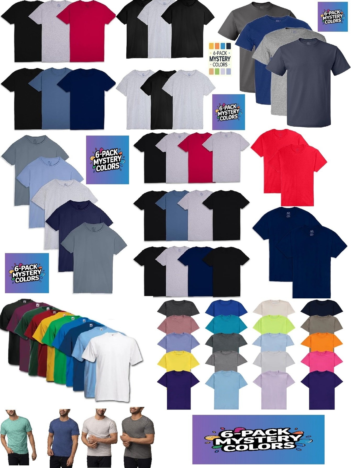 Mens 6-Pack Assorted Crew T Shirts Fruit of the Loom Mystery Colors & Materials
