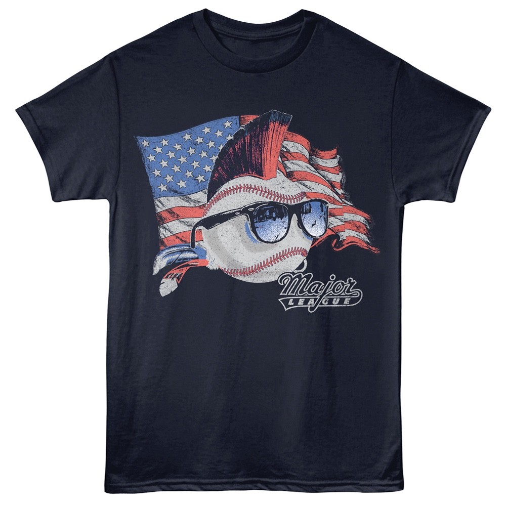 MAJOR LEAGUE Movie T-Shirt RICKY VAUGHN AMERICAN FLAG Official Mens New Navy