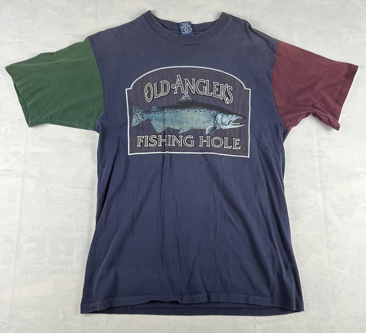 Vintage Belton Designer Tee Tri Color Old Angler&rsquo;s Fishing Hole Shirt L Made USA