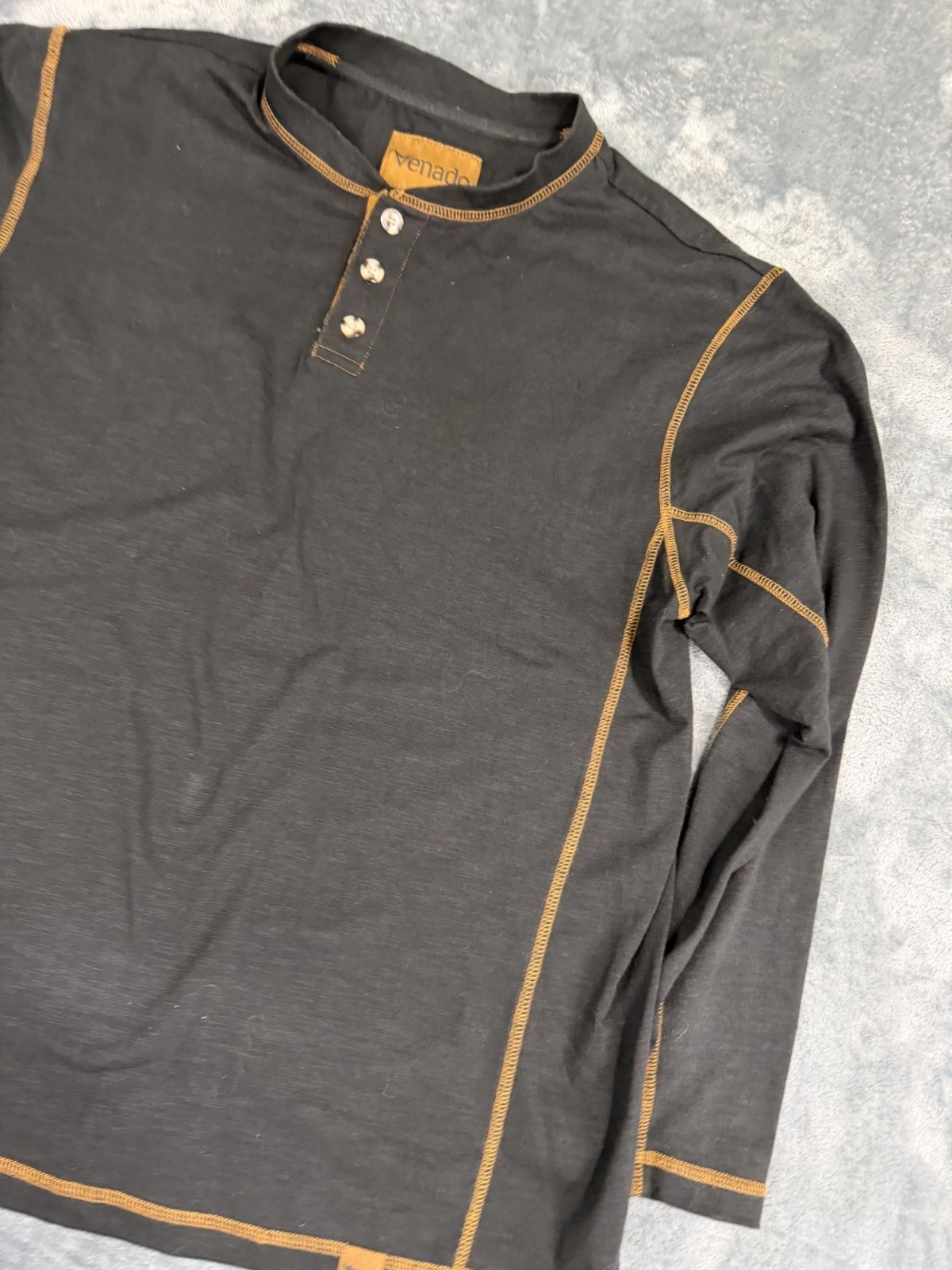 Venado Mens Long Sleeve Henley Shirt Black With Contrast Stitching Large