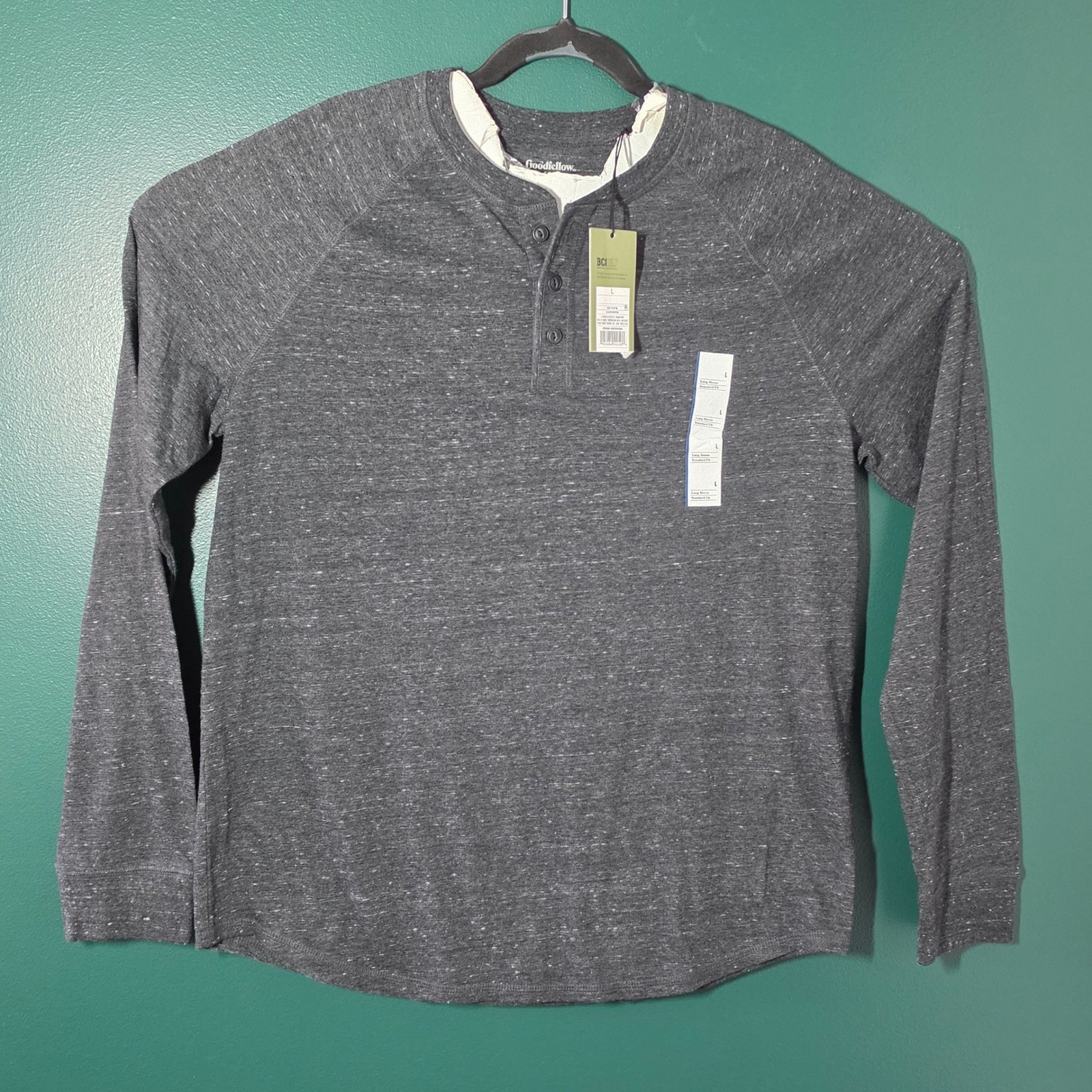 Goodfellow & Co Mens Henley Shirt Long Sleeve Gray Marled Raglan Standard Fit L
