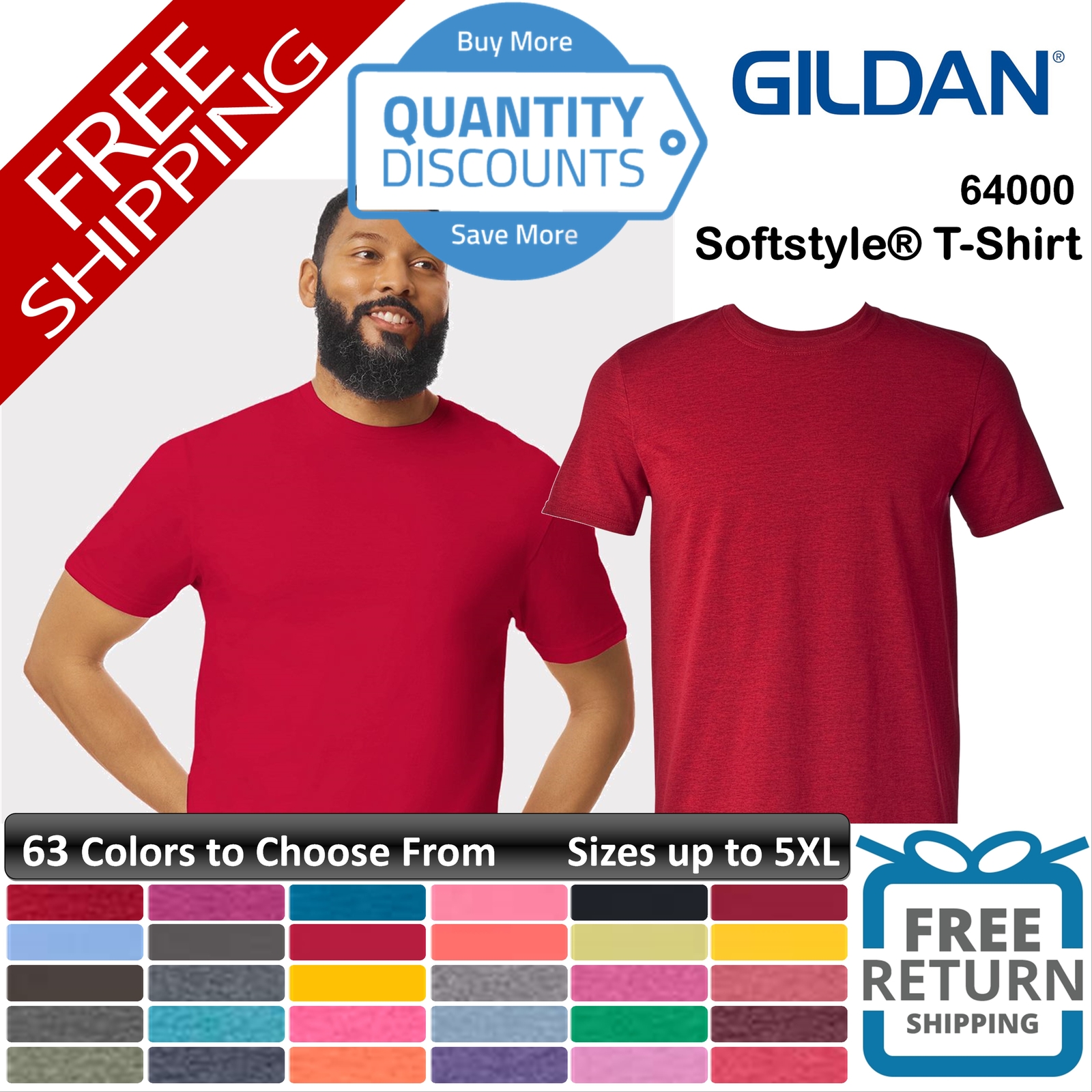 Gildan Men Softstyle T-Shirt Cotton & Blends Short Sleeve Up To 5XL 64000b