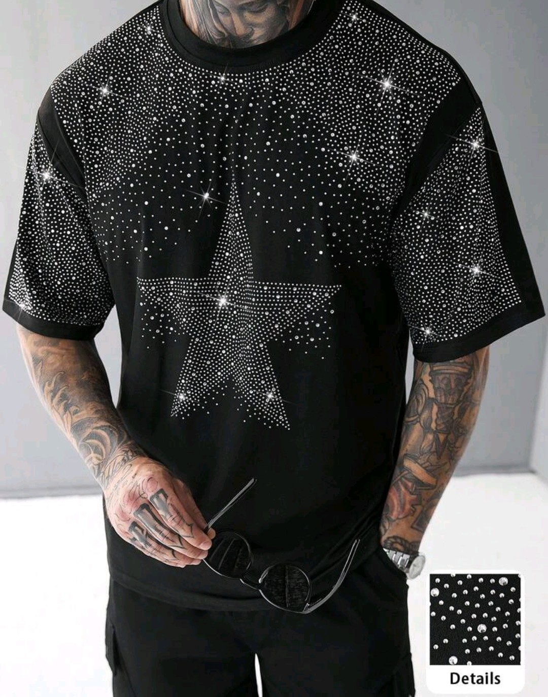 New Men Luxury Diamond Star Rhinestones Fashion Black T-Shirt High Quality