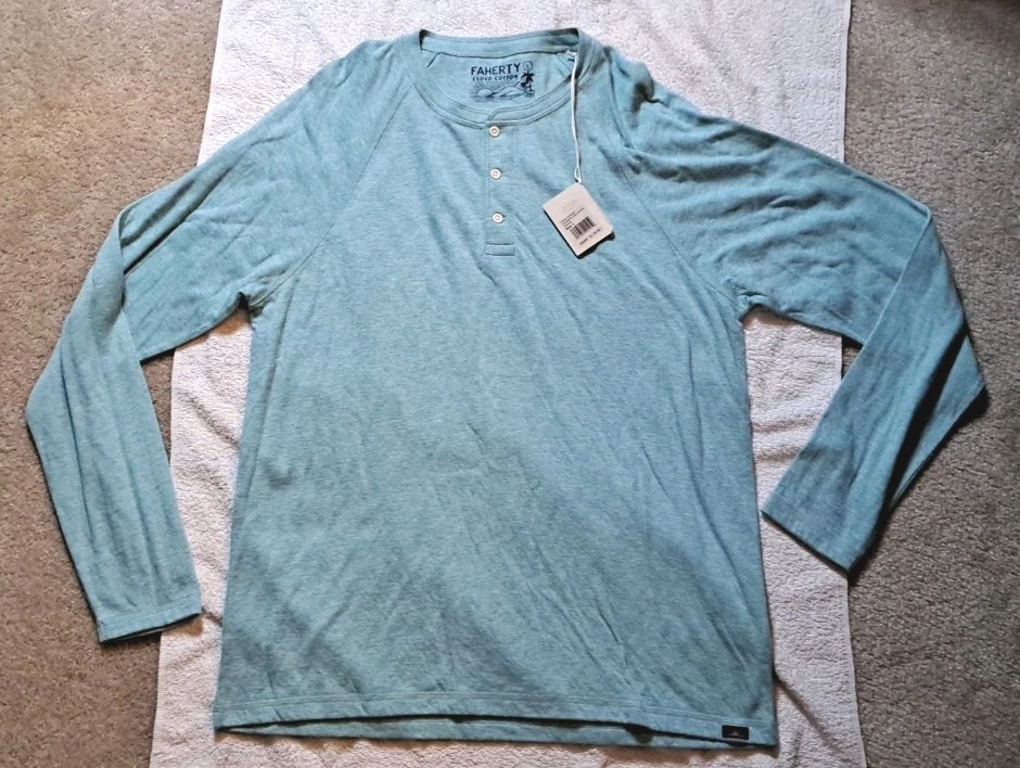 New FAHERTY Cloud Cotton HENLEY T-Shirt Men&rsquo; Large Green Smooth Jade Heather