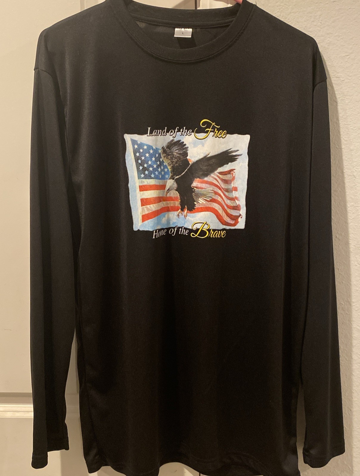 Land of the Free Home Brave Long Sleeve Performance Shirt USA Flag Black Large L