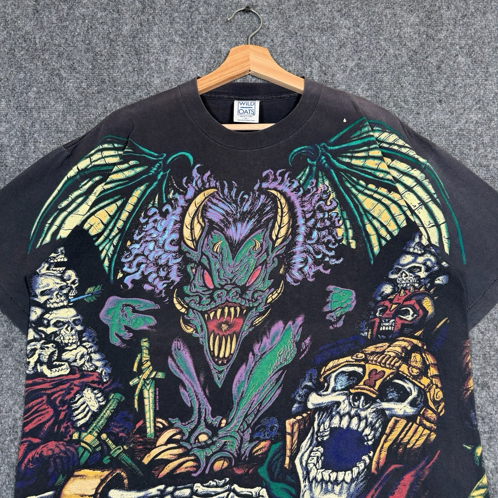 Vintage 90s Wild Oats Dragon Skull All Over Print Tee Rare Metal Faded Black XL