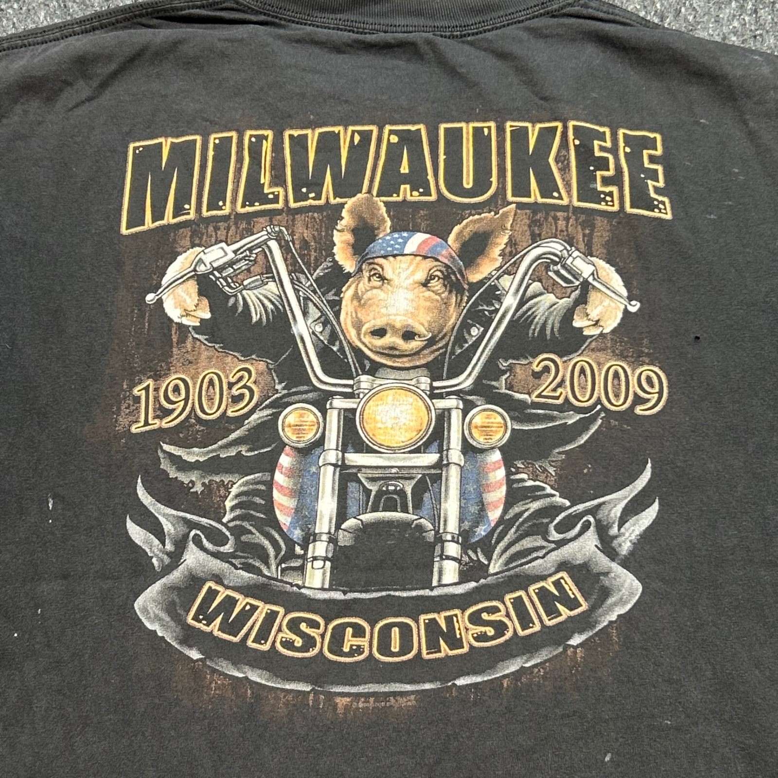 Milwaukee Wisconsin Biker Pig TShirt Sz XL Mens Black Grunge Distressed Paint
