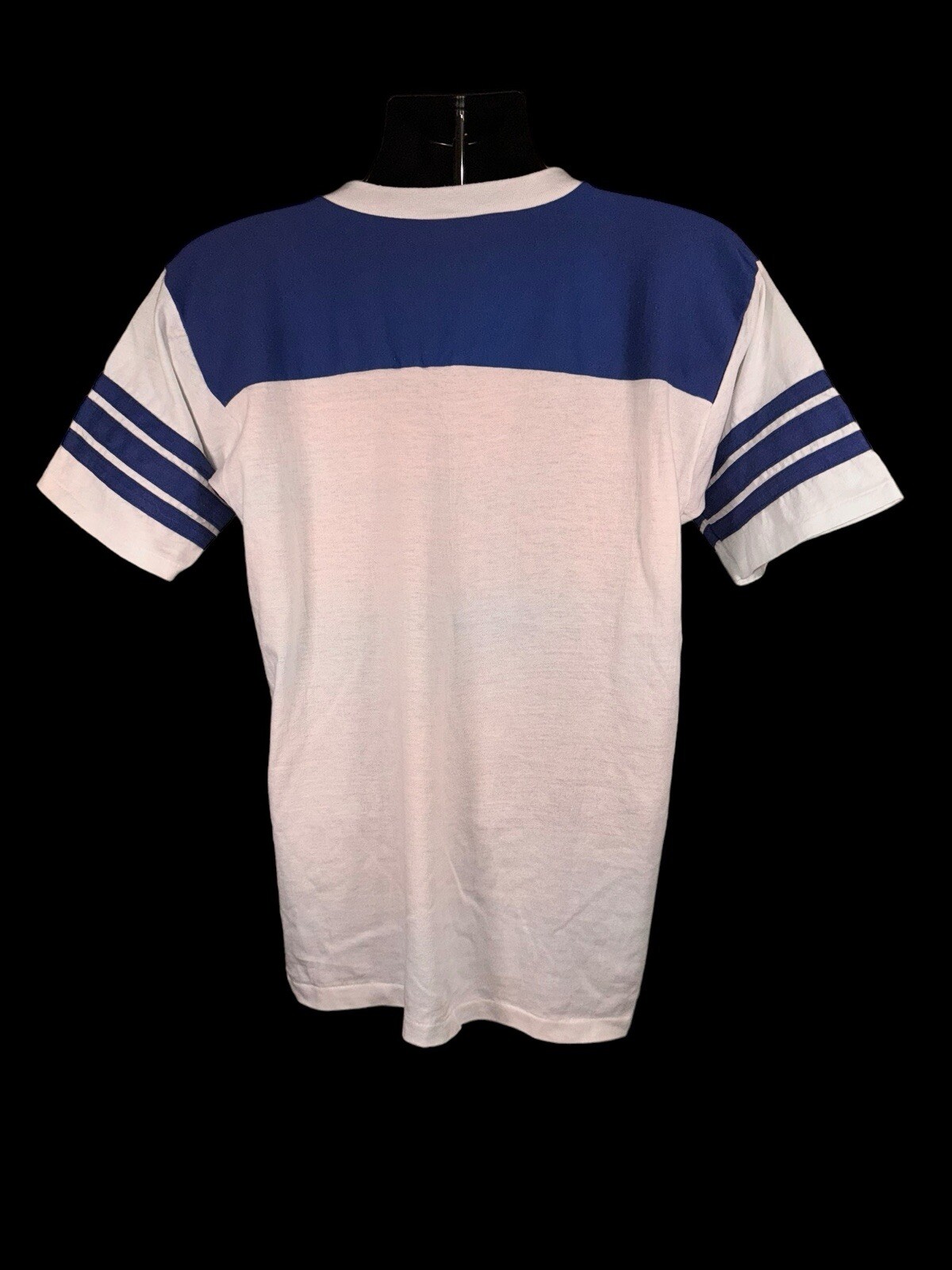 Vintage 1980&rsquo;s Bantam Roadway V Neck White/Blue T-Shirt Size Large Made in USA