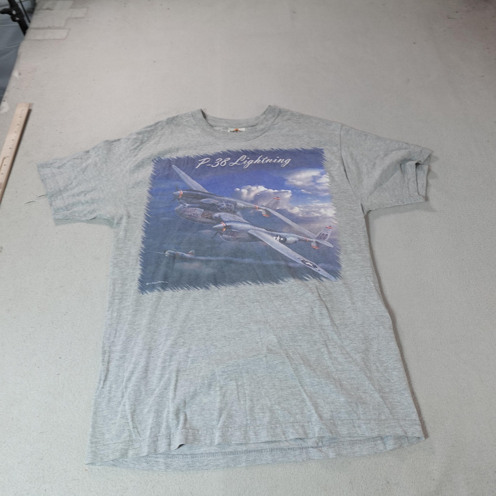 Vintage P-38 Lightning Shirt Mens Large Gray WWII Airplane Tee Diamond Star T