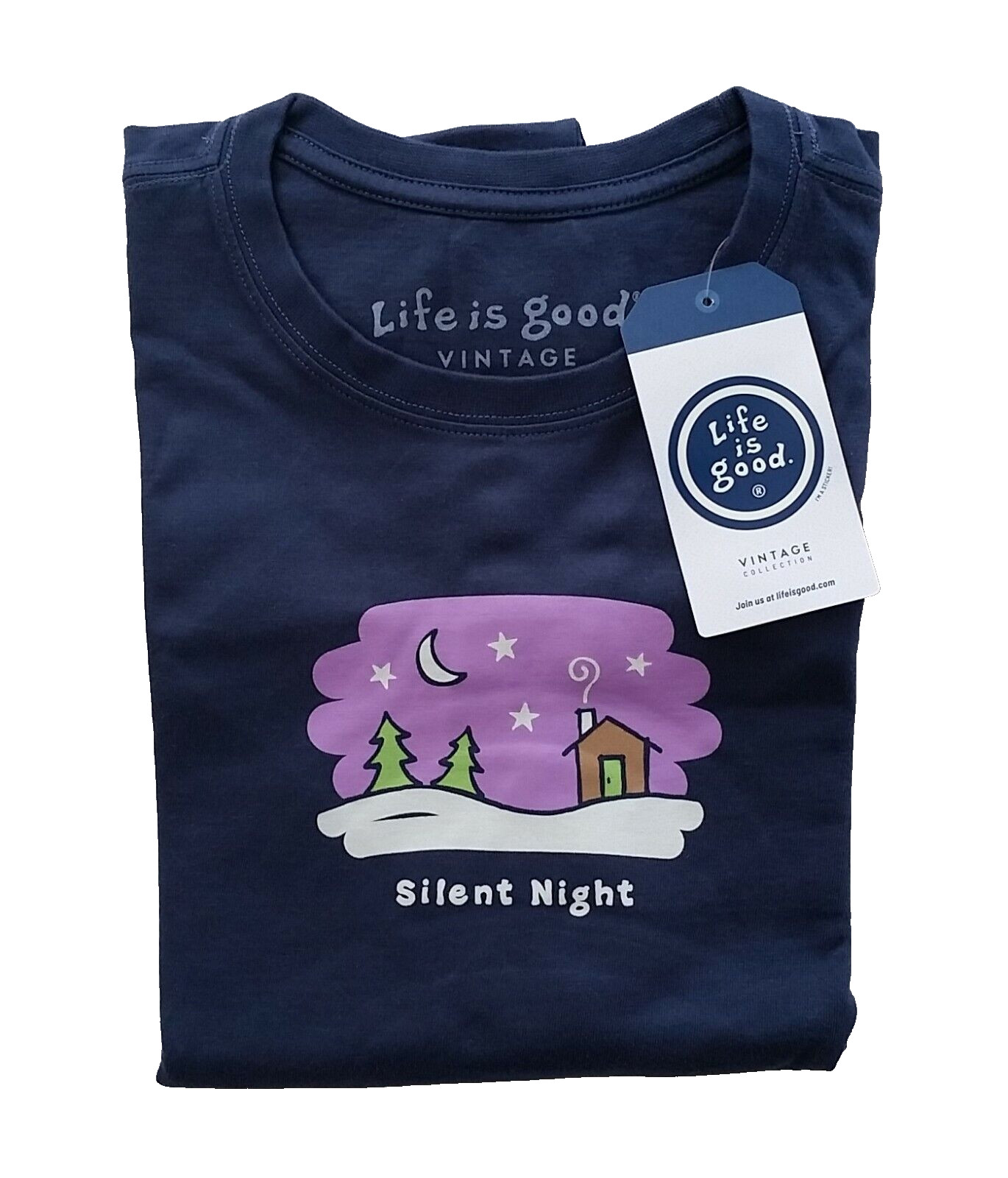 Life Is Good LS Shirt Vintage Crusher Tee SILENT NIGHT Cabin Snow 44in Mens M