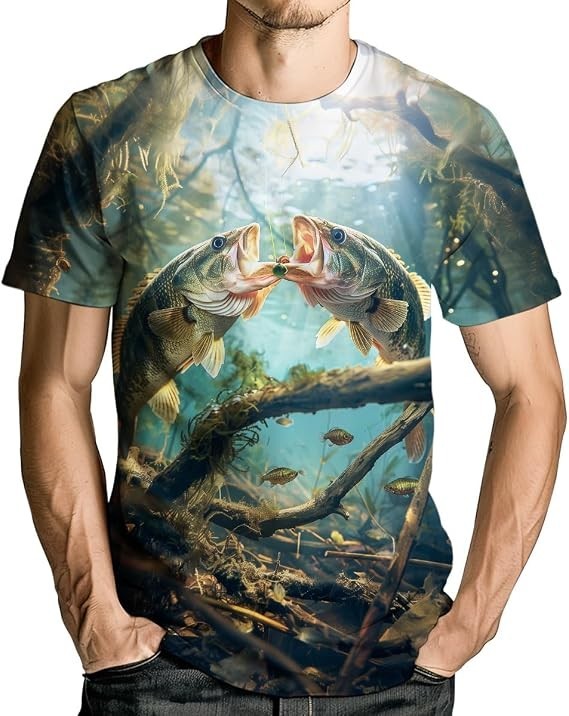 3D Bass Fishing T-Shirt Two Fish Fighting Bait Graphic Tee Realistic Unisex