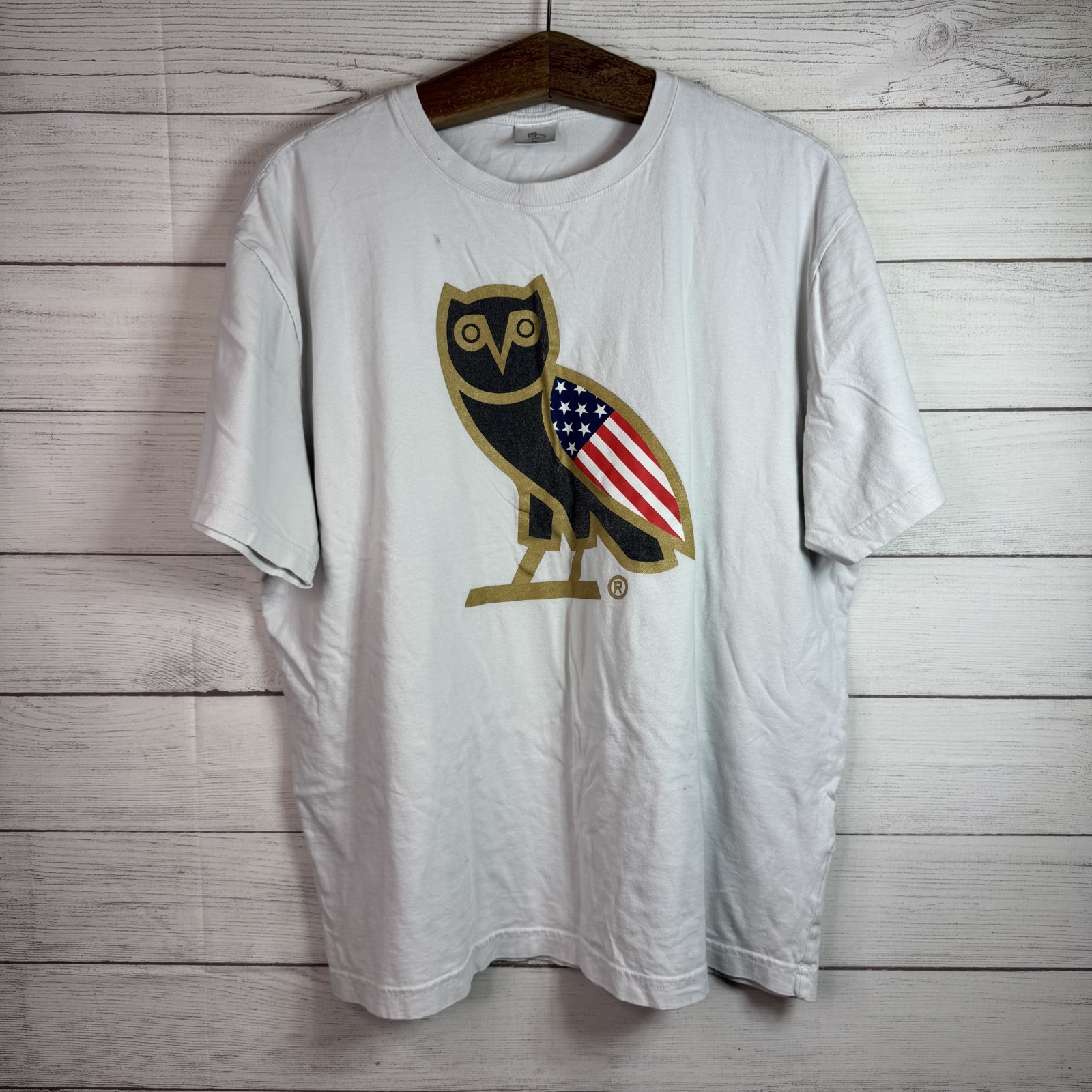 OVO Shirt Mens XL White American Flag Owl Logo Graphic Tee T-Shirt USA