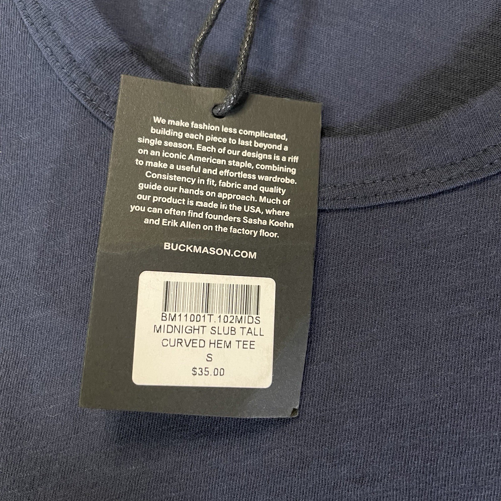 Buck Mason Slub Short Sleeve Curved Hem T Shirt Small (Tall) Midnight Navy NWT