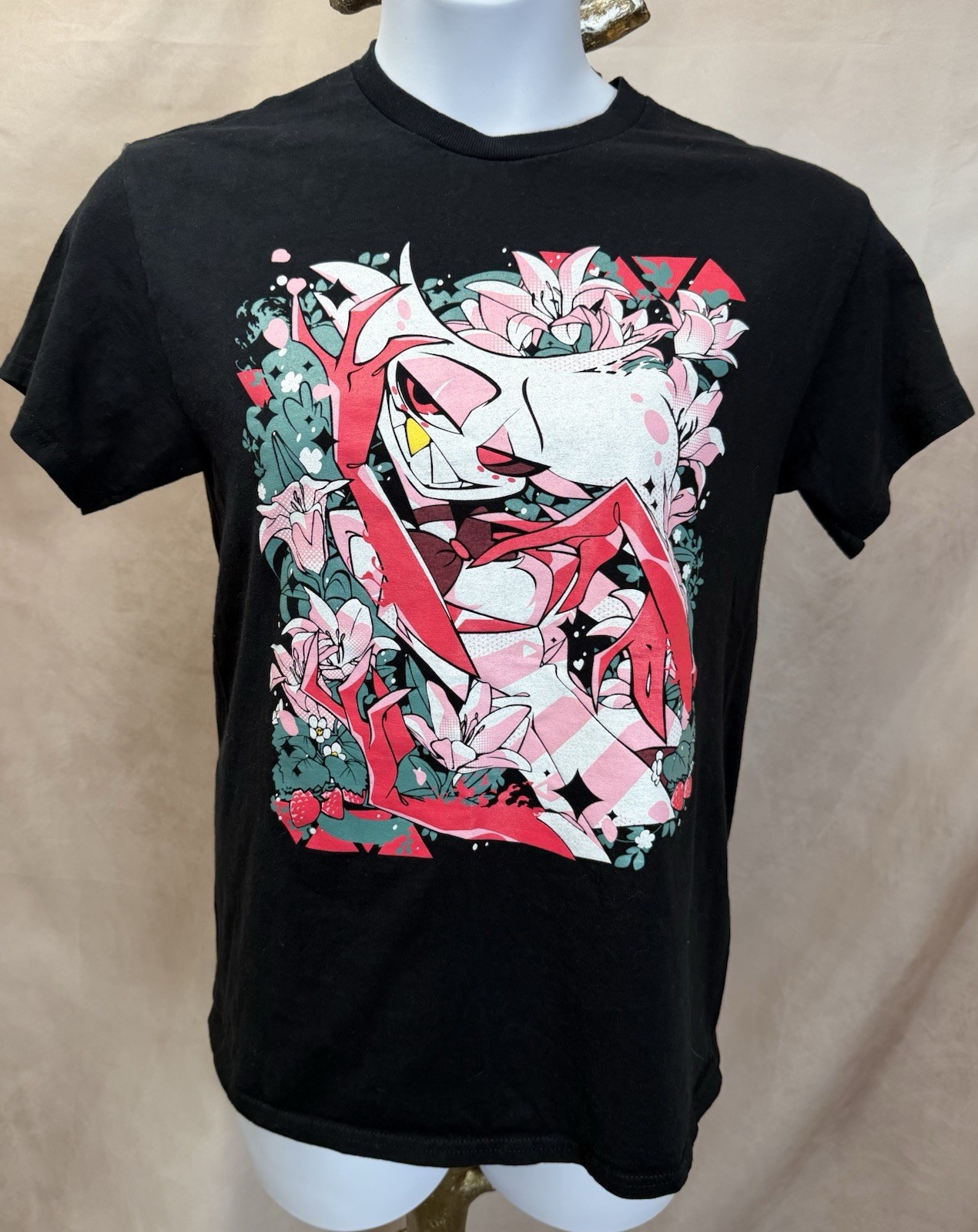 Hazbin Hotel Pink/White/Green Angel Black Unisex T-Shirt Size M