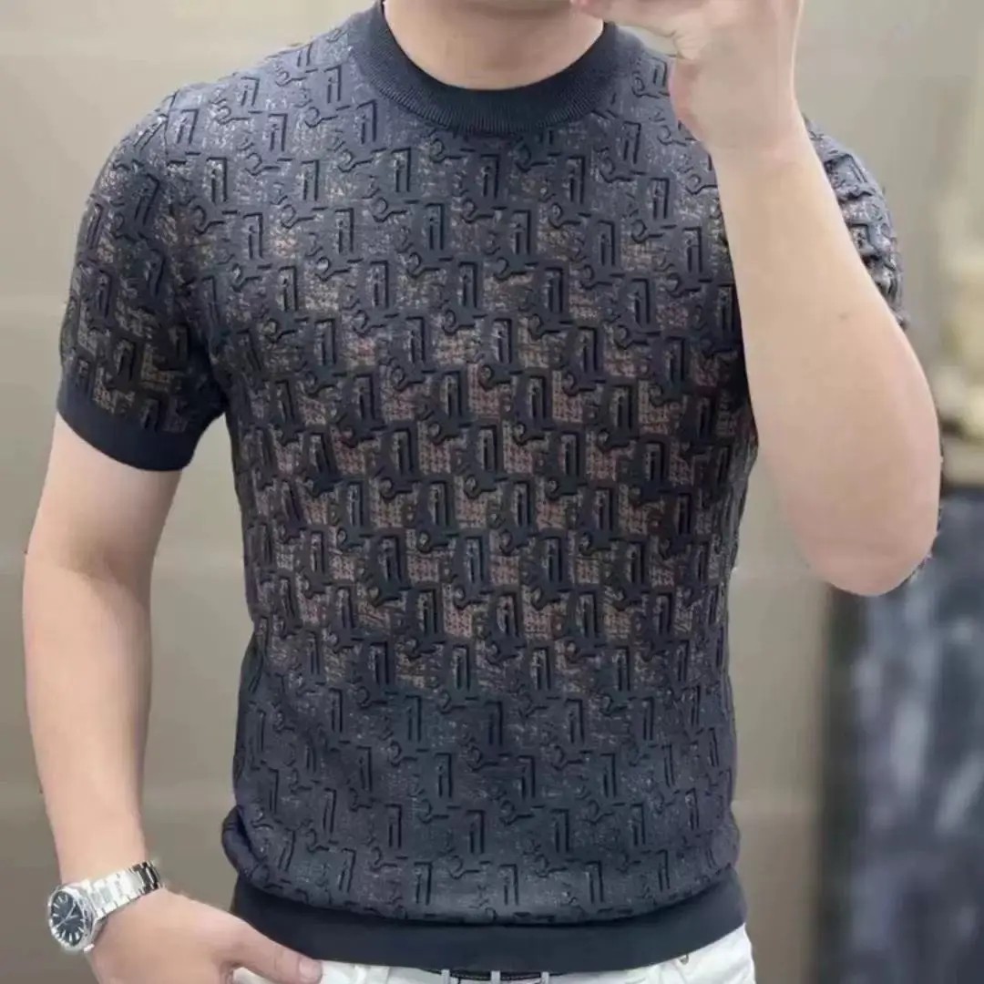Men&rsquo;s Premium Jacquard Knit Short Sleeve Sweater Hip Hop Fashion T-Shirt