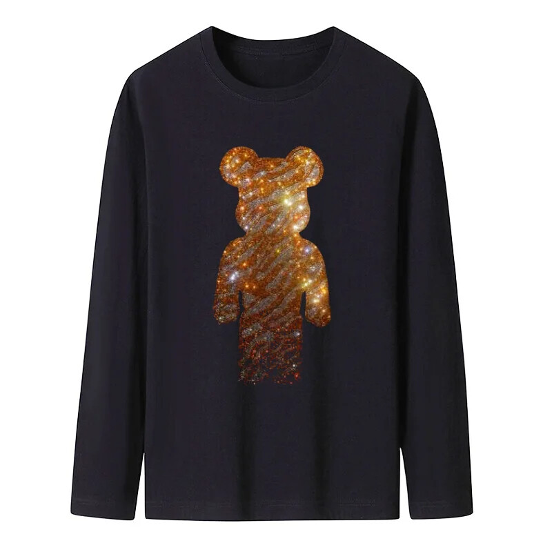 Fashion Bear Rhinestones Diamond Long Sleeve Luxury Men Trend Black T-Shirt
