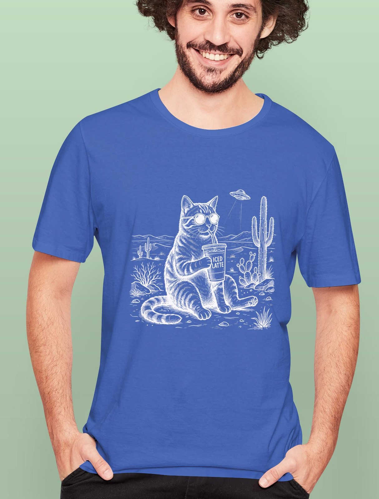 Cool Cat Iced Latte T-Shirt, Funny Tabby in Sunglasses, Desert Cactus Scene,