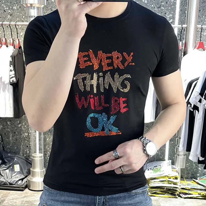 New Men Luxury Rhinestones Fashion Diamonds Black White T-Shirt High Quality