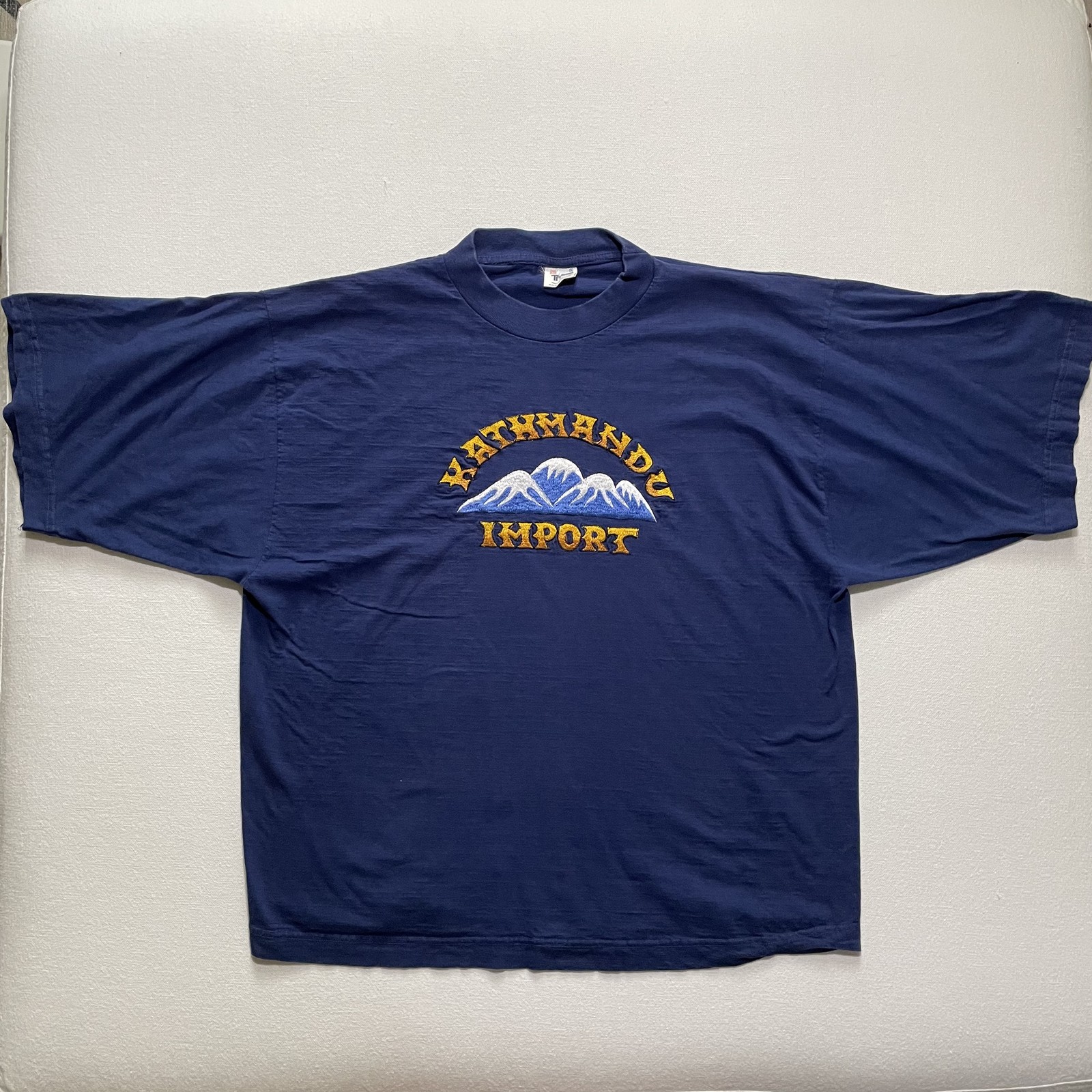 Vintage Kathmandu Nepal Shirt Mens Large Blue Embroidered Himalayas Boxy 80s