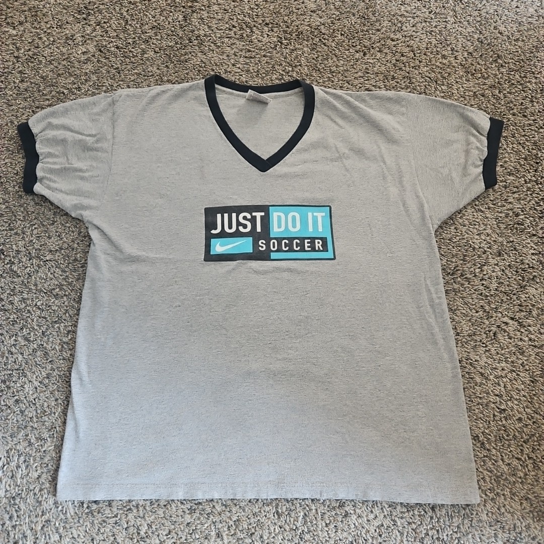 Vintage 1990s Nike Mens L Gray Box Logo Just Do It Soccer Ringer V-Neck T Shirt
