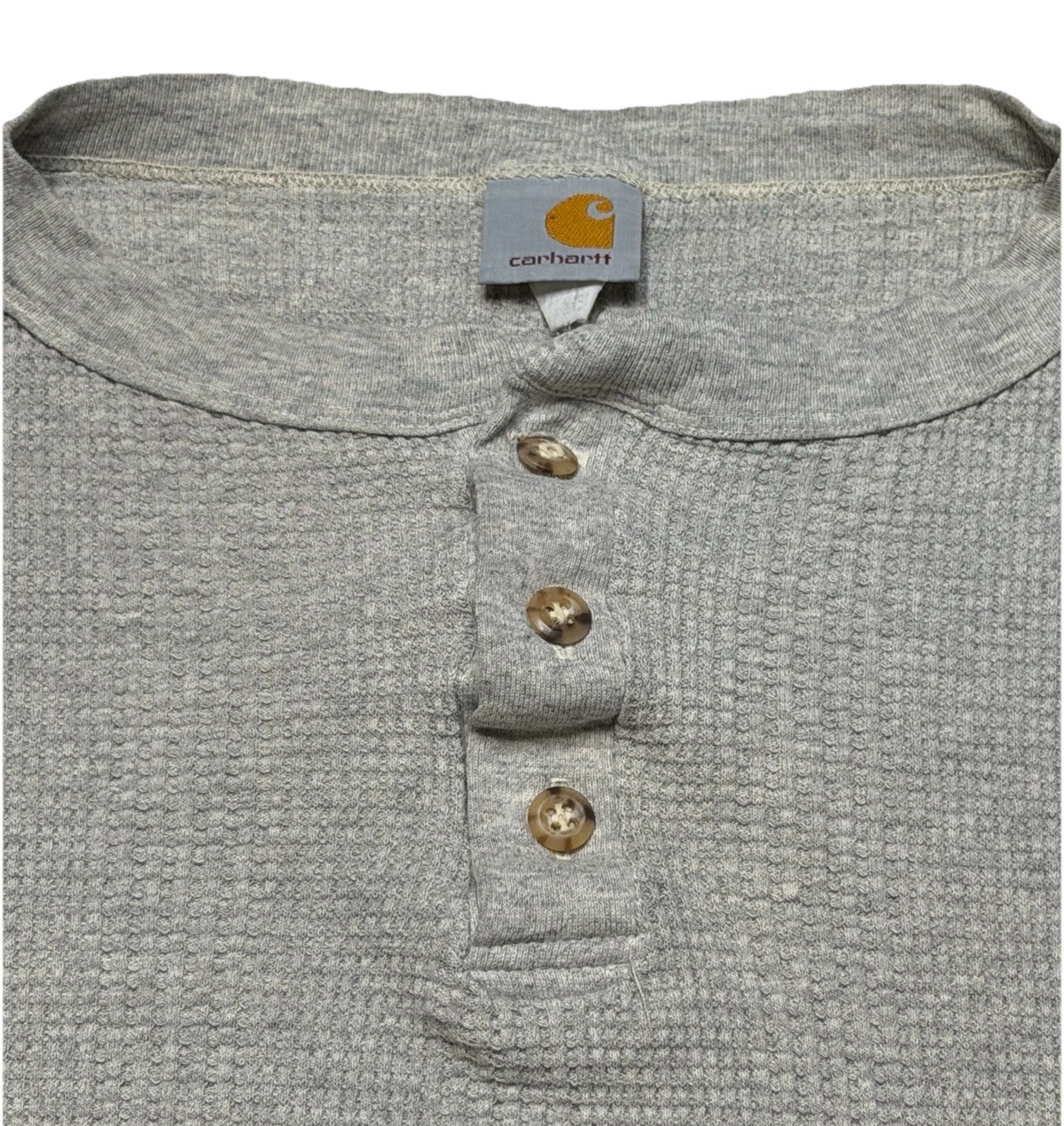 Vintage Carhartt L Gray Waffle Thermal Henley Shirt 28×22&Prime; Made in USA