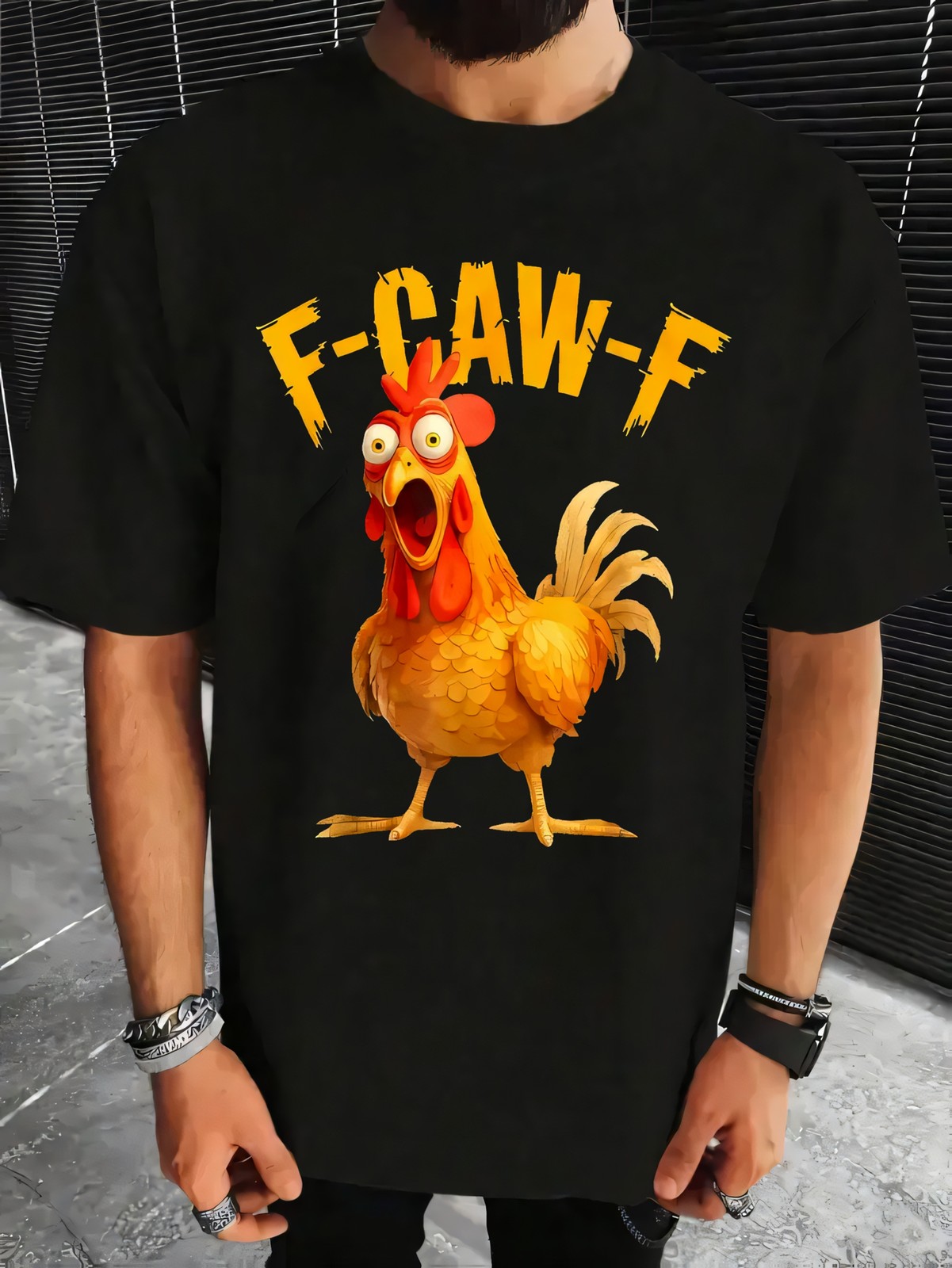Chicken Pattern with « F-CAW-F » Text Print, Funny And Humorous Design T shirt