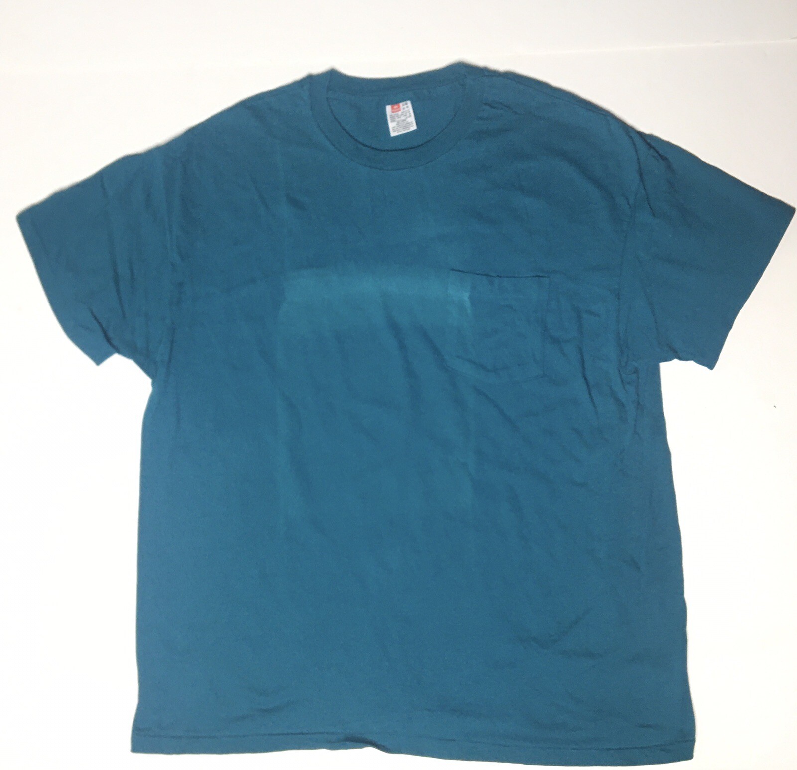 Vintage Made In USA Blue Hanes XL Pocket T-Shirt Has Large Rectangular Fade Mark