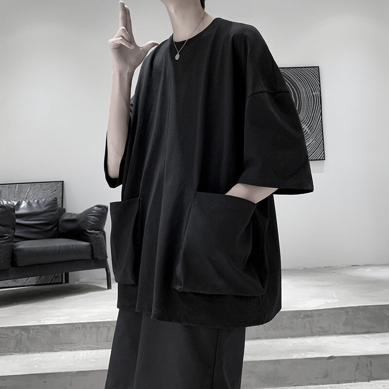 Men Big Pocket T Shirt Loose Oversized Raglan Half Sleeve Tee Tops Harajuku
