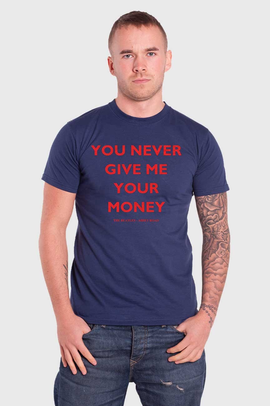 The Beatles T Shirt money txt Abbey road band logo Official Mens Navy Blue Size